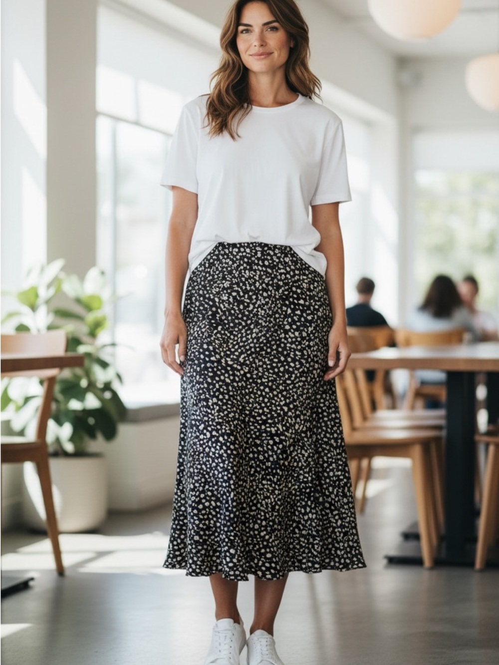 Petal & Pup Navy Blue Floral Midi Skirt with Cream Dot Print